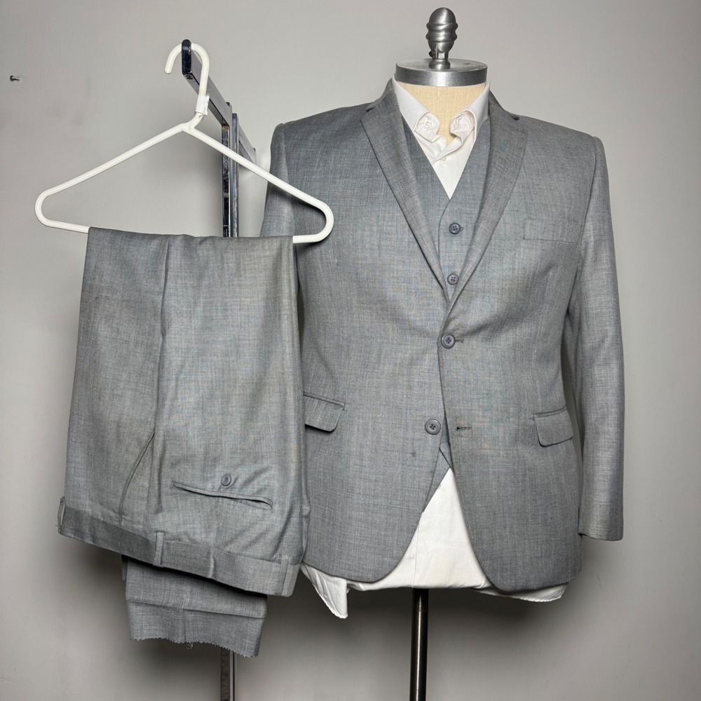 Vitali 3-Piece Suit Mens 42R 35x27 Gray Solid 2-Button Side Vent Vest‎ Trousers